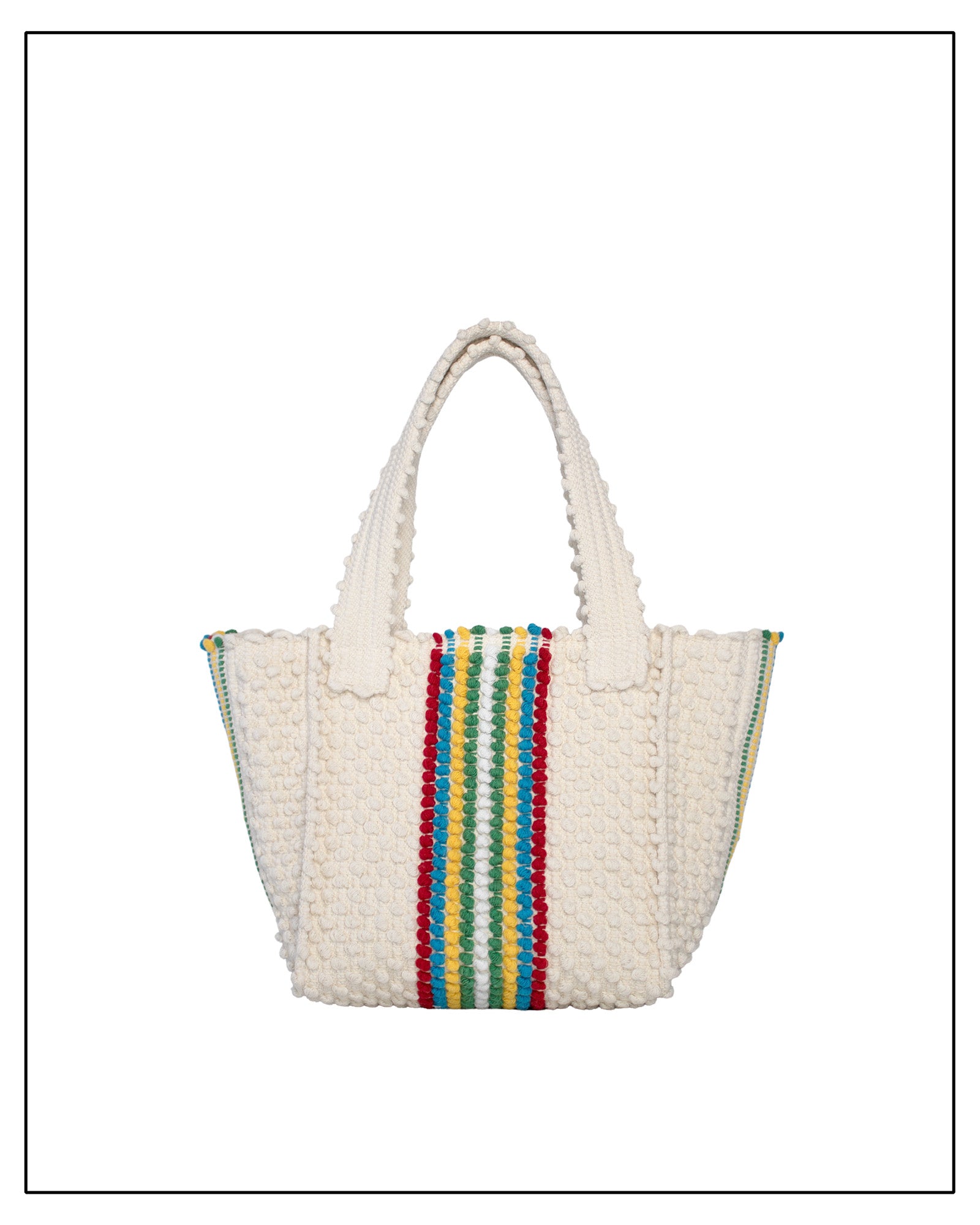 White woven handbag with colourful striped pattern on a white background - Pula Medium Tote Bag, a reimagined classic that marks the return of the beloved striscie (stripes) pattern in a fresh, contemporary silhouette.