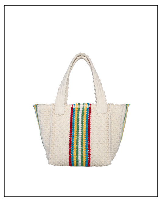 White woven handbag with colourful striped pattern on a white background - Pula Medium Tote Bag, a reimagined classic that marks the return of the beloved striscie (stripes) pattern in a fresh, contemporary silhouette.