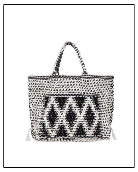 CAPRICCIOLI LARGE Rombi - Sustainable handwoven large tote handbag - graphic black and white bag