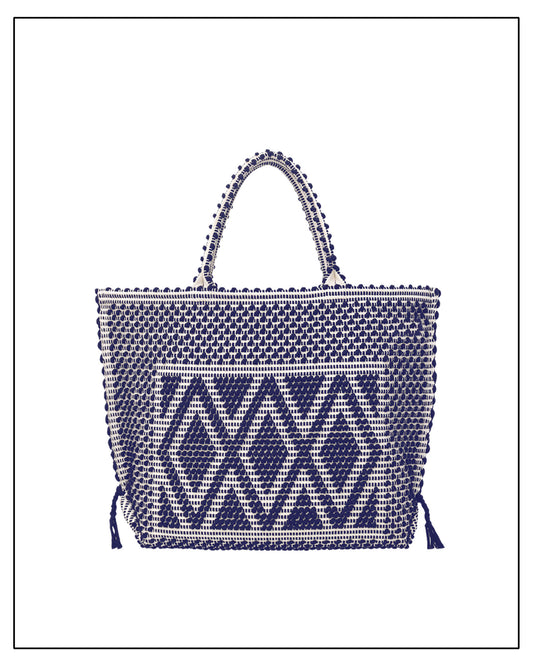 Main view front handbag capriccioli  - Sustainable tote - summer bag - luxury handbag - handwoven BLUE with CREAM base tote made in Italy by hand • timeless individualistic fashion • eco-friendly fashion • socially responsible, lasting fashion.