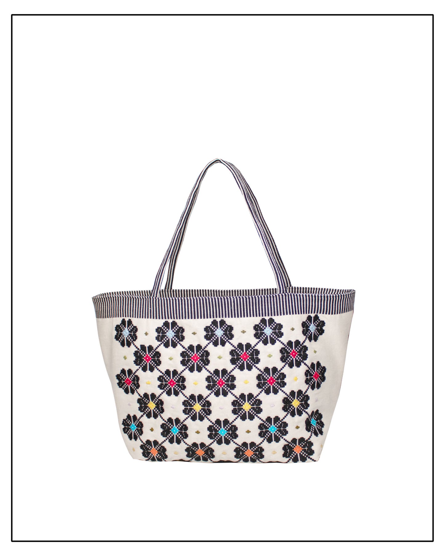 Antonello Tedde entirely hand-woven fabric tote with black flowers with colourful centre on black and white background - handmade in Sardinia, Italy  