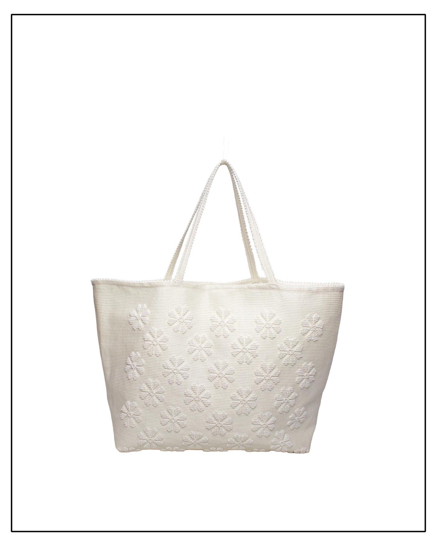 Frontal view of a handwoven cream tote bag, all by Antonello Tedde