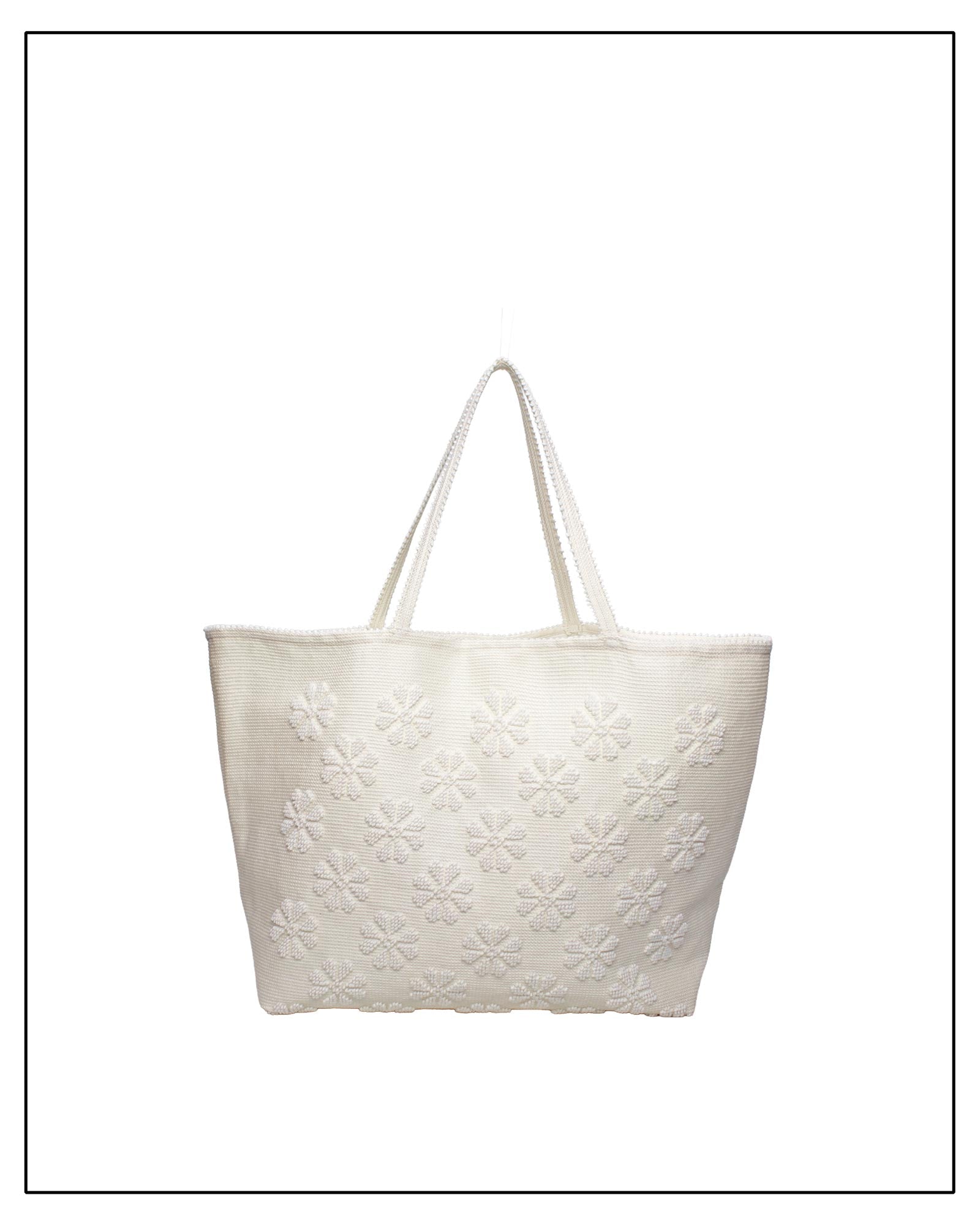 Frontal view of a handwoven cream tote bag, all by Antonello Tedde