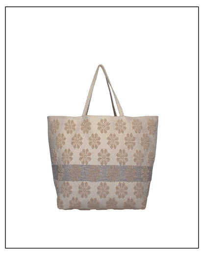 Antonello Tedde handwoven tote bag in beige and black cotton with daisy flower  jacquard pattern and cream central stripe, sustainable artisan-made bag crafted in Sardinia, Italy