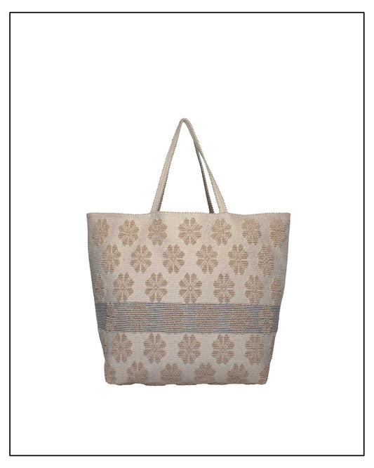 Antonello Tedde handwoven tote bag in beige and black cotton with daisy flower  jacquard pattern and cream central stripe, sustainable artisan-made bag crafted in Sardinia, Italy