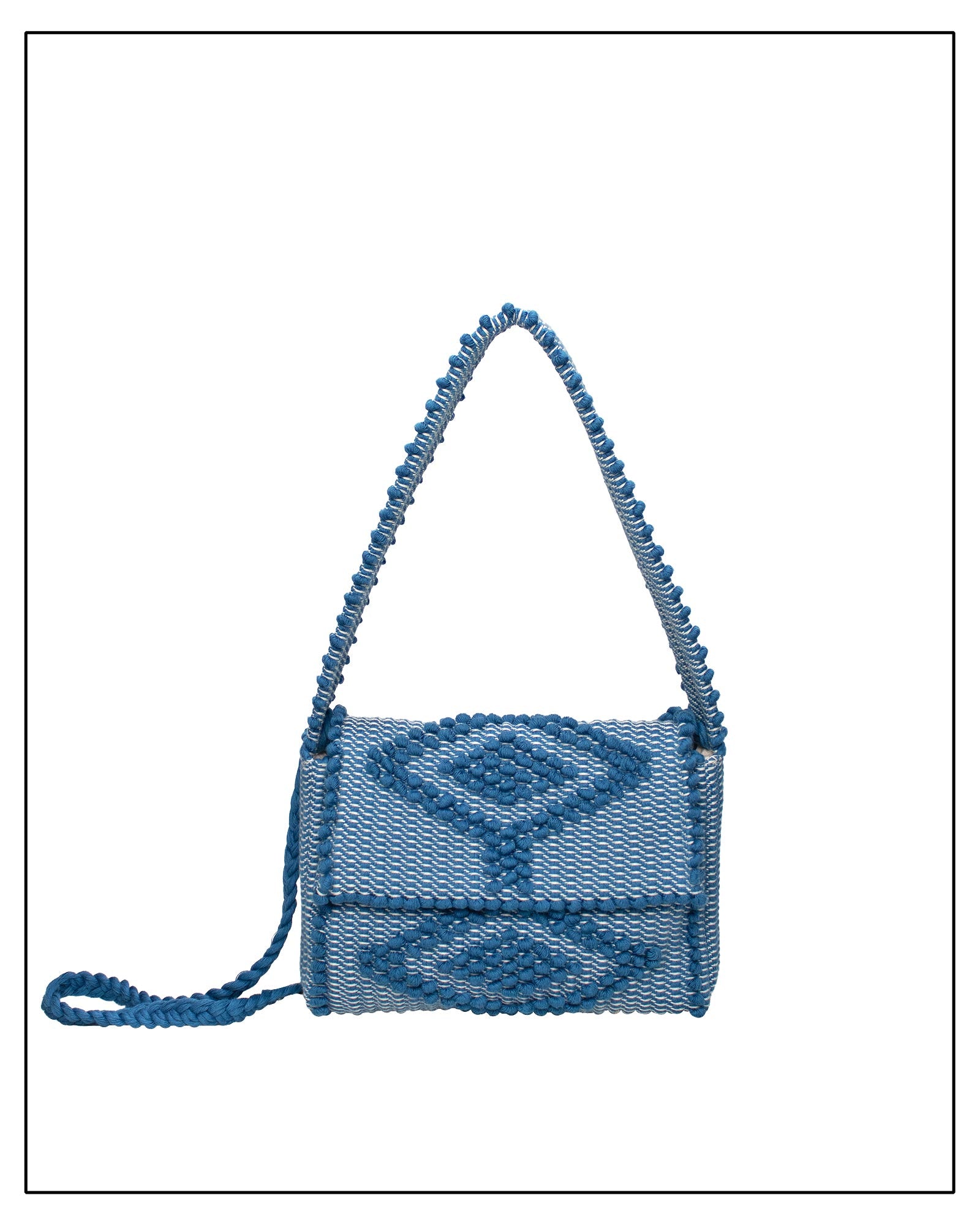 Antonello Tedde Suni X crossbody bag handwoven in Sardinia from denim blue, grey and cream cotton with raised rombi pattern and braided shoulder strap