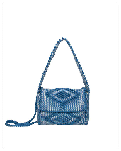 Antonello Tedde Suni X crossbody bag handwoven in Sardinia from denim blue, grey and cream cotton with raised rombi pattern and braided shoulder strap