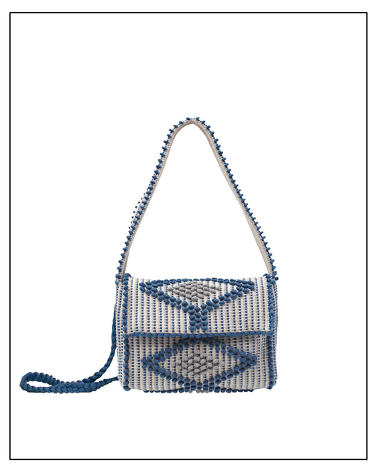 Suni X Crossbody Bag – Handwoven Rombi in Denim Blue & Grey  | Antonello Tedde
