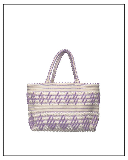 Antonello Tedde Mugoni Zig Zag Tote Bag, handwoven in Sardinia from linen and cotton with geometric zig zag weave and diamond motifs -  frontal view of tote bag with purple on a cream background
