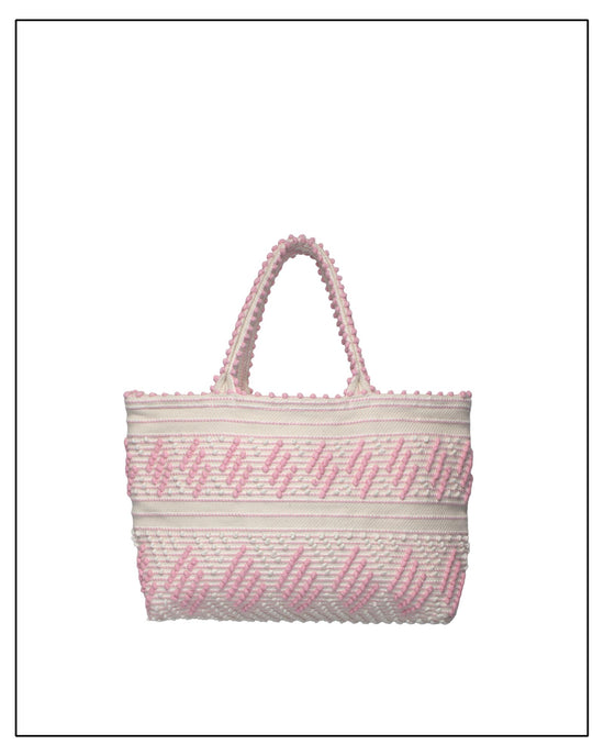 Antonello Tedde Mugoni Zig Zag Tote Bag, handwoven in Sardinia from linen and cotton with geometric zig zag weave and diamond motifs -  frontal view of tote bag with pink on a cream background