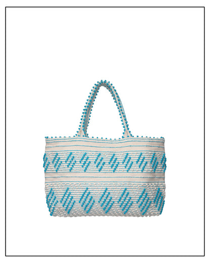 Antonello Tedde Mugoni Zig Zag Tote Bag, handwoven in Sardinia from linen and cotton with geometric zig zag weave and diamond motifs - Front view of tote bag with turquoise on a cream background