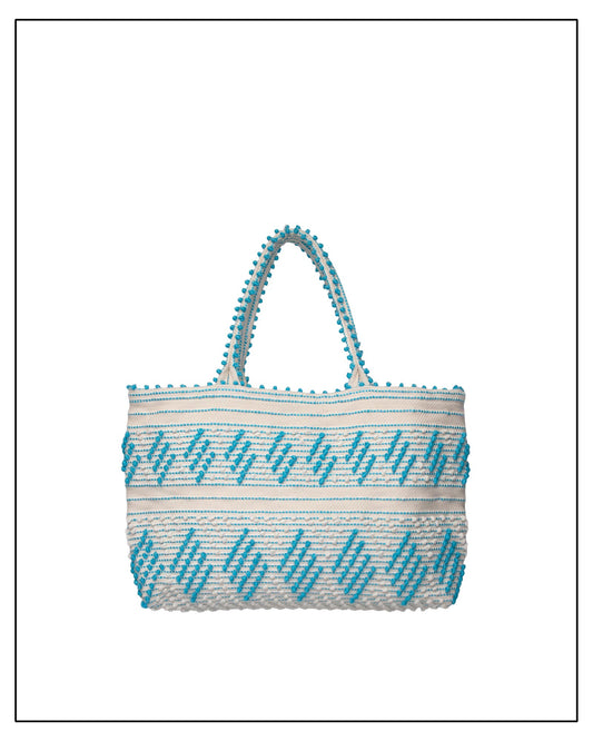 Antonello Tedde Mugoni Zig Zag Tote Bag, handwoven in Sardinia from linen and cotton with geometric zig zag weave and diamond motifs - Front view of tote bag with turquoise on a cream background