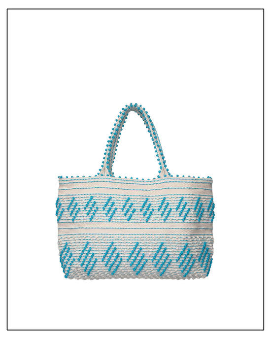 Antonello Tedde Mugoni Zig Zag Tote Bag, handwoven in Sardinia from linen and cotton with geometric zig zag weave and diamond motifs - Front view of tote bag with turquoise on a cream background