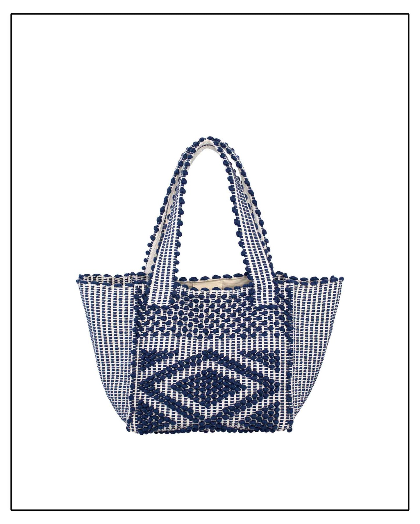 Antonello Tedde Pula Medium Tote Bag is handwoven in Sardinia with blue and white  background yarn, a diamond pattern, and a practical flap pocket. 