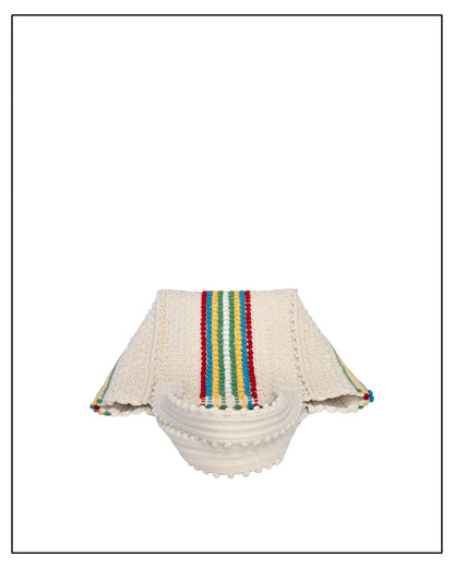 Flat view of ANTONELLO TEDDE Cream bag with colourful stripes on a white background - Pula Medium Tote Bag, a reimagined classic that marks the return of the beloved striscie (stripes) pattern in a fresh, contemporary silhouette.