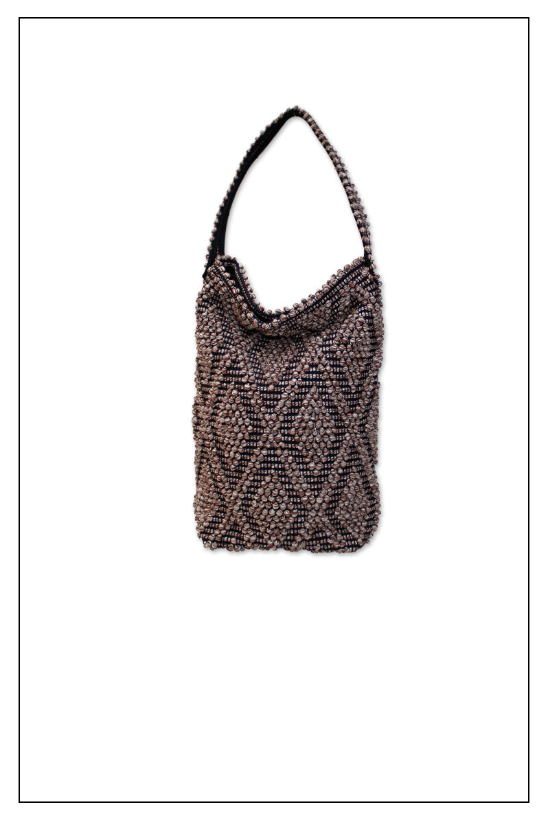 frontal view of MELANGE BROWN and BLACK base bucket bag to complete your look with our selection of accessories crafted with the environment in mind