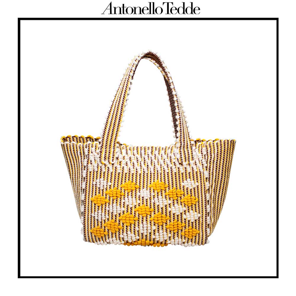 PULA Medium  - Reimagined Classic Little Diamonds Handwoven Tote Handbag - YELLOW and CREAM Linen bag