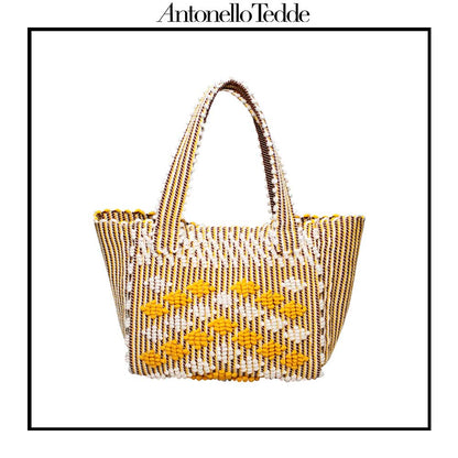 PULA Medium  - Reimagined Classic Little Diamonds Handwoven Tote Handbag - YELLOW and CREAM Linen bag