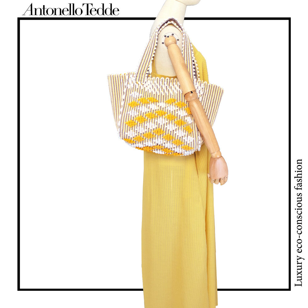 PULA Medium  - Reimagined Classic Little Diamonds Handwoven Tote Handbag - YELLOW and CREAM Linen bag