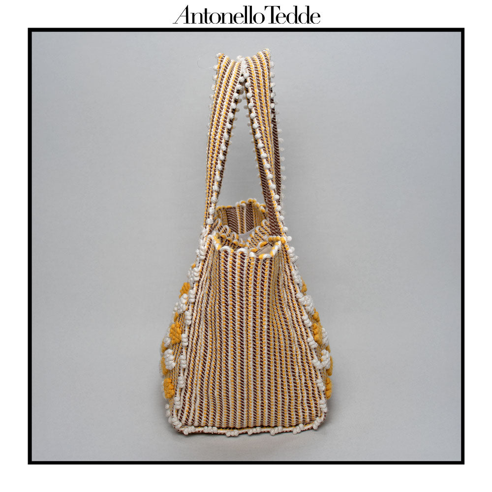 PULA Medium  - Reimagined Classic Little Diamonds Handwoven Tote Handbag - YELLOW and CREAM Linen bag