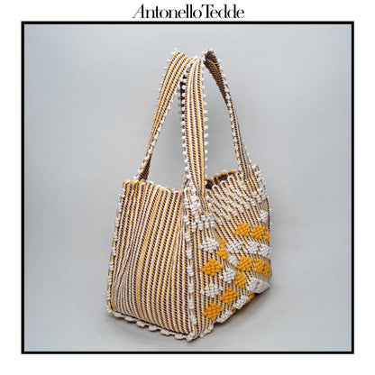 PULA Medium  - Reimagined Classic Little Diamonds Handwoven Tote Handbag - YELLOW and CREAM Linen bag
