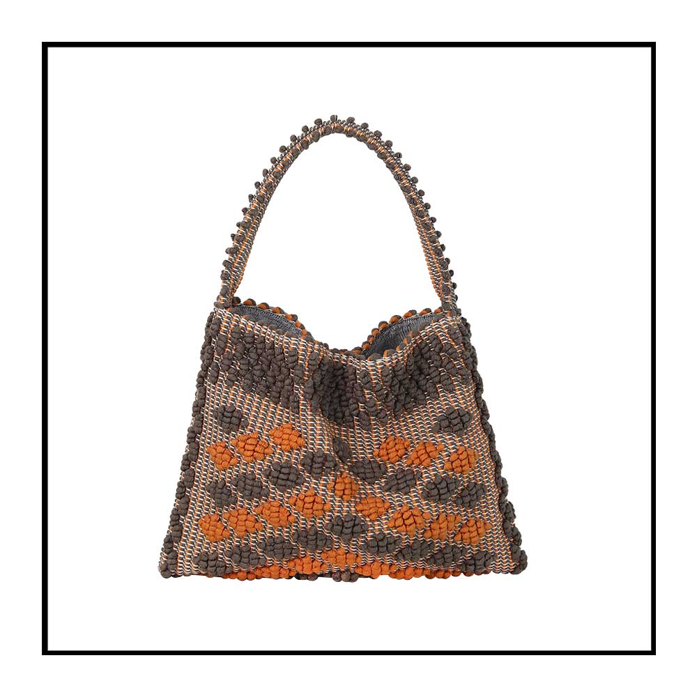 Main view of Quality eco-conscious hobo bag handwoven orange and taupe. Stylish clothes and Eco-Friendly with recycled yarns #luxury #ecoconcious #sustainablestyle  #ethicalbrands #ecoliving  #ecofashion #ecostyle #ethicalhandbags #handbags #sustainablelifestyle #ethicalfashion #sustainability