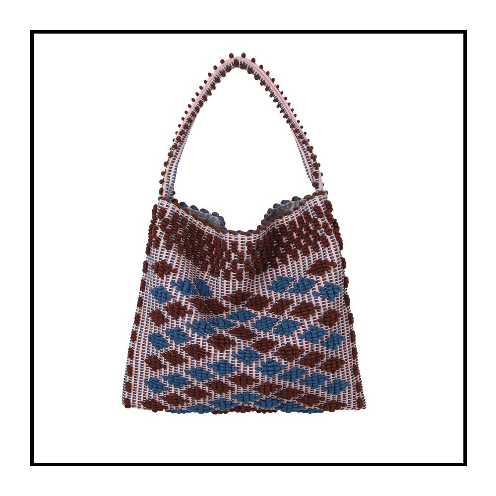 Main view of Quality eco-conscious hobo bag handwoven Hazelnut and Denim little diamonds . Stylish clothes and Eco-Friendly with recycled yarns #luxury #ecoconcious #sustainablestyle #ethicalbrands #ecoliving #ecofashion #ecostyle #ethicalhandbags #handbags #sustainablelifestyle #ethicalfashion #sustainability