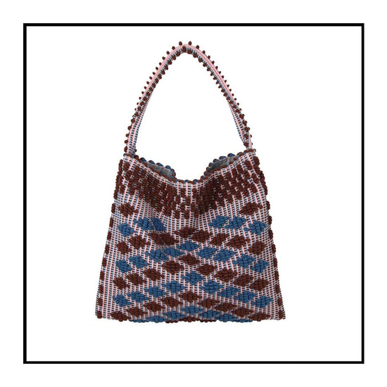 Main view of Quality eco-conscious hobo bag handwoven Hazelnut and Denim little diamonds . Stylish clothes and Eco-Friendly with recycled yarns #luxury #ecoconcious #sustainablestyle #ethicalbrands #ecoliving #ecofashion #ecostyle #ethicalhandbags #handbags #sustainablelifestyle #ethicalfashion #sustainability