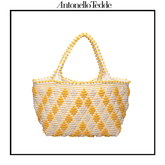 CELVIA Medium  - Reimagined Classic Little Diamonds Handwoven Tote Handbag - YELLOW and CREAM cotton bag