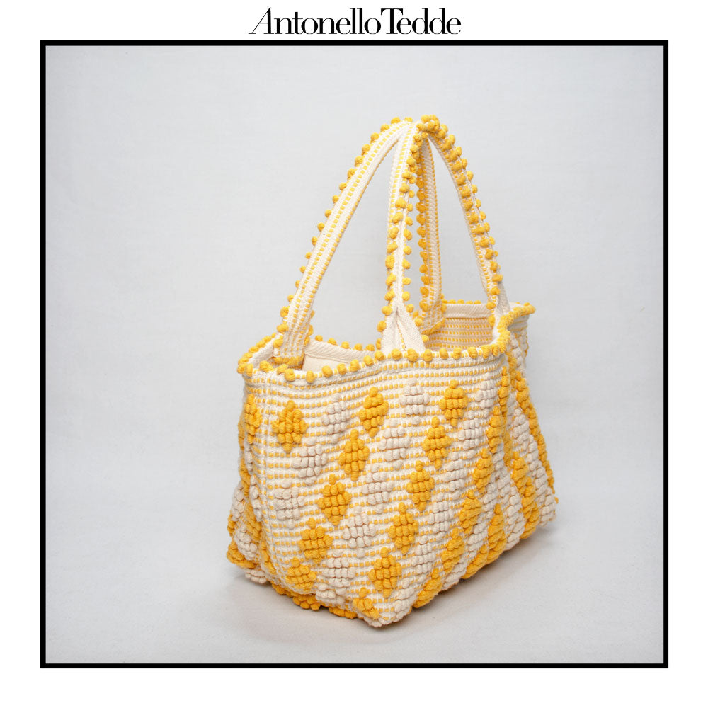 CELVIA Medium  - Reimagined Classic Little Diamonds Handwoven Tote Handbag - YELLOW and CREAM cotton bag