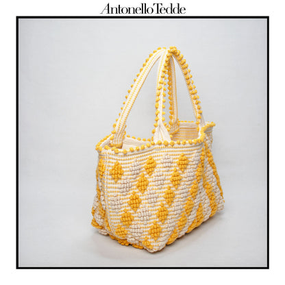 CELVIA Medium  - Reimagined Classic Little Diamonds Handwoven Tote Handbag - YELLOW and CREAM cotton bag