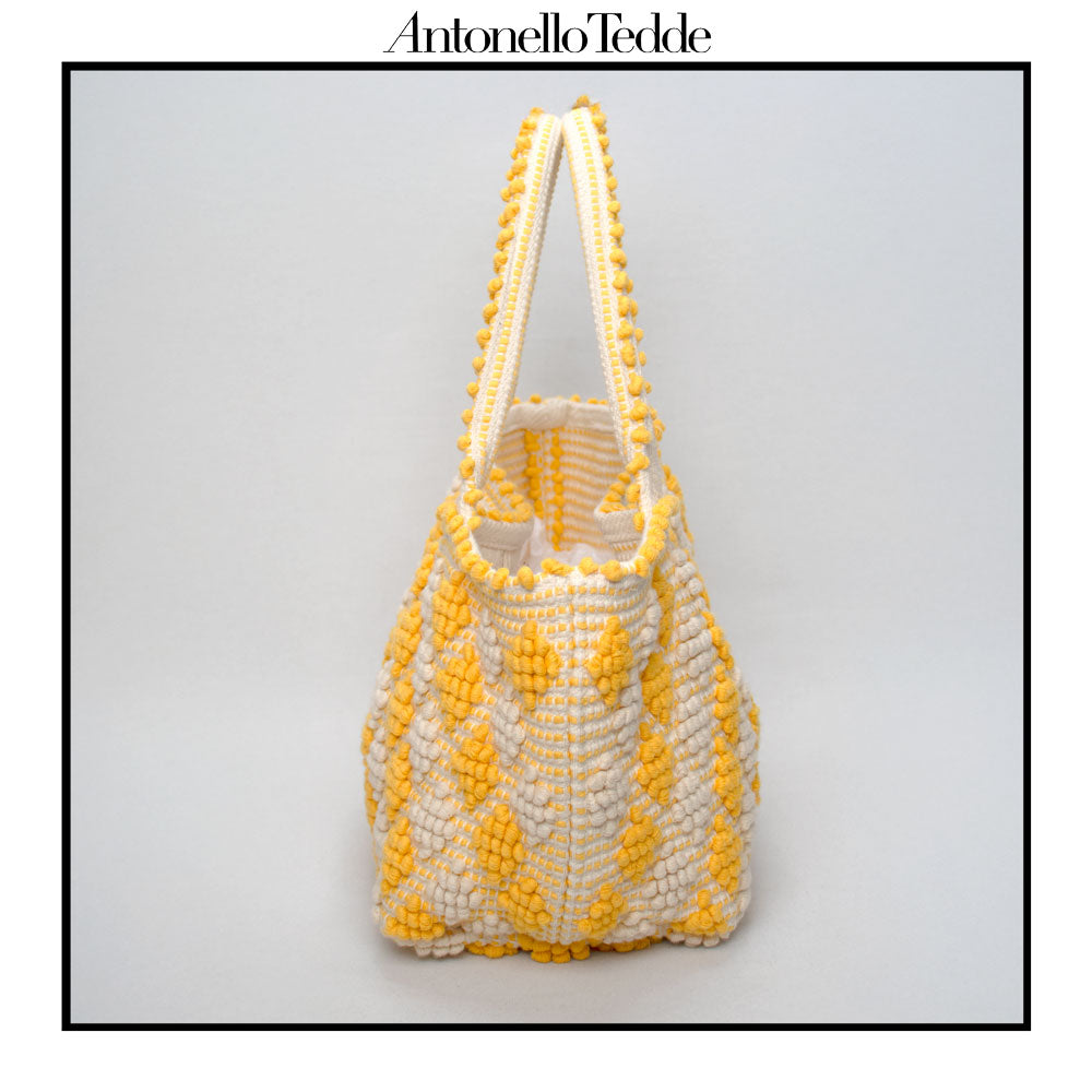 CELVIA Medium  - Reimagined Classic Little Diamonds Handwoven Tote Handbag - YELLOW and CREAM cotton bag