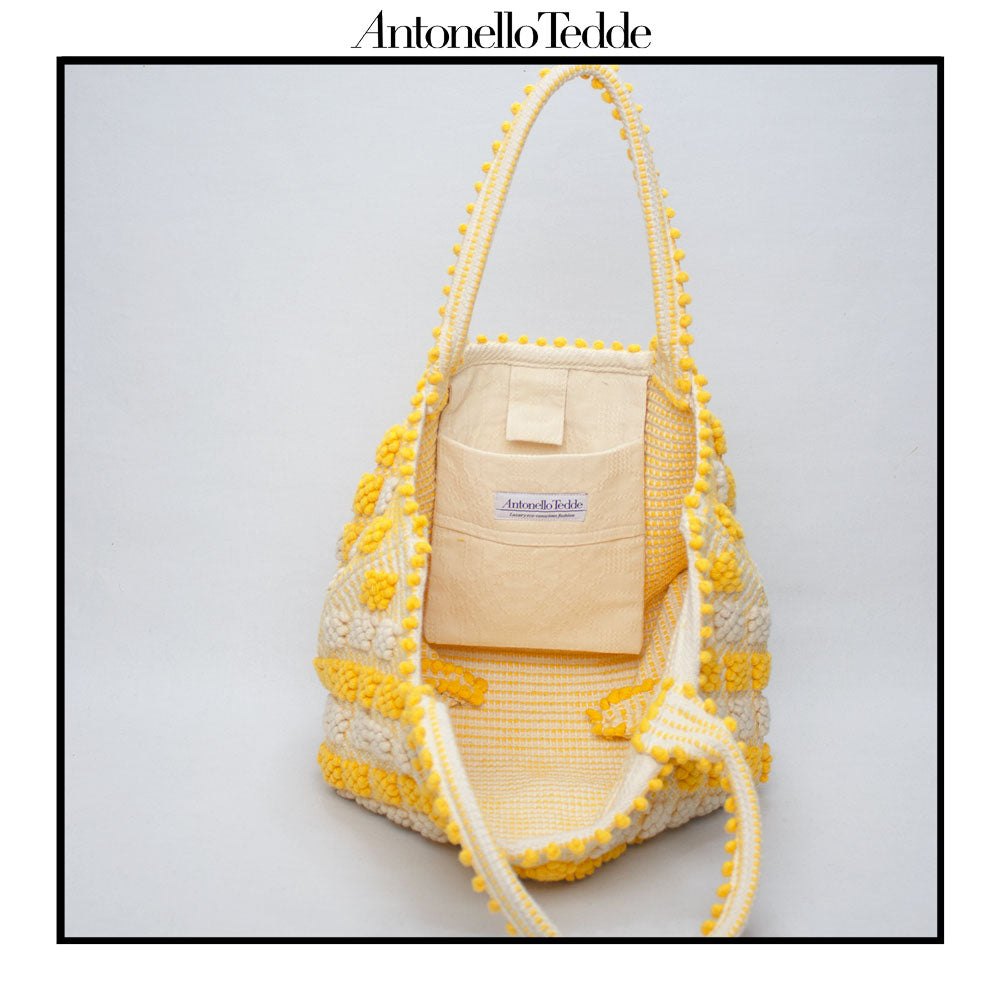 CELVIA Medium  - Reimagined Classic Little Diamonds Handwoven Tote Handbag - YELLOW and CREAM cotton bag