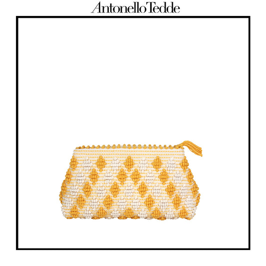 Piatta Clutch Zip Bag, yellow and cream, sleek and sophisticated accessory designed for modern elegance. This compact clutch combines minimalist design with exceptional craftsmanship, making it a versatile companion for any occasion.