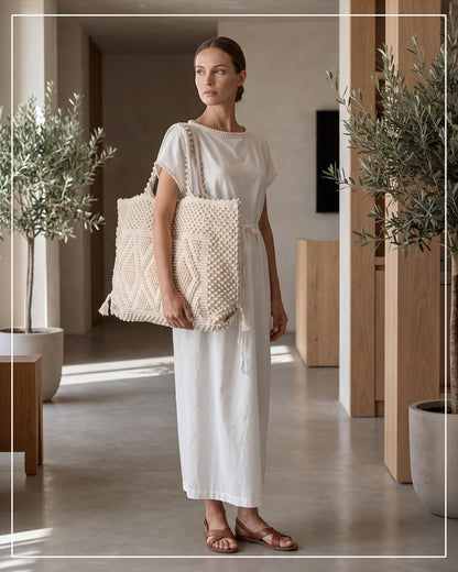 Woven tote bag with geometric pattern on a model against a white background - Large TOTE  CREAM LINEN ON MODEL - summer bag - luxury handbag - handwoven tote made in Italy by hand • timeless individualistic fashion