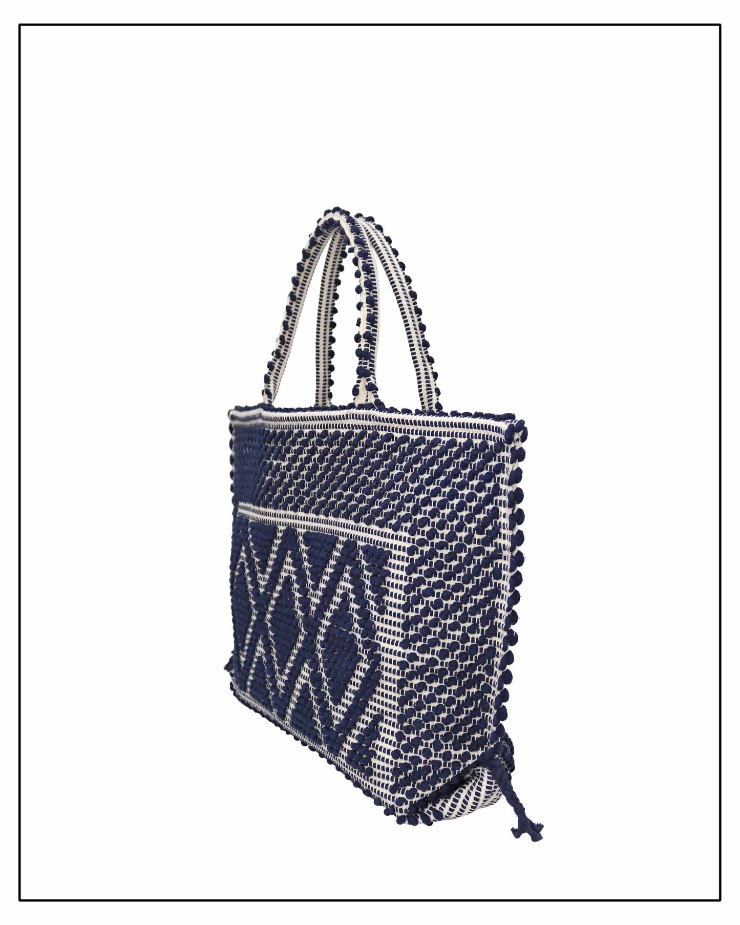 Side view of  handbag capriccioli  by Antonello Tedde - Sustainable tote - summer bag - luxury handbag - handwoven BLUE with CREAM base tote made in Italy by hand • timeless individualistic fashion • eco-friendly fashion • socially responsible, lasting fashion.