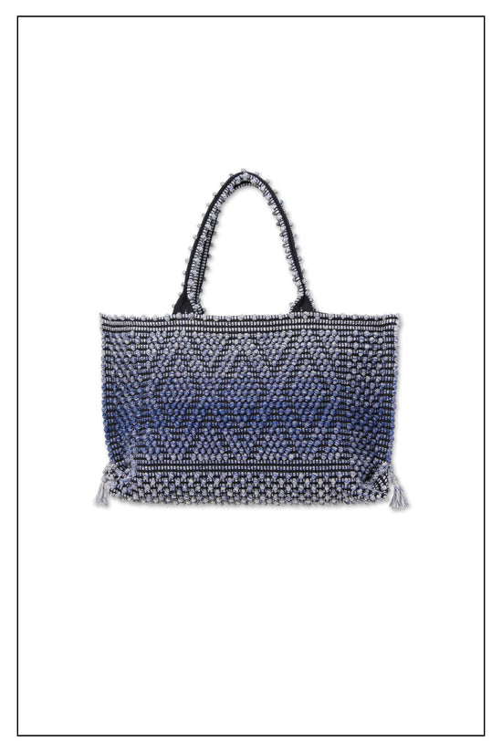 FRONTAL VIEW OF MELANGE BLUE with BLACK GROUND TOTE bag to complete your look with our selection of accessories crafted with the environment in mind