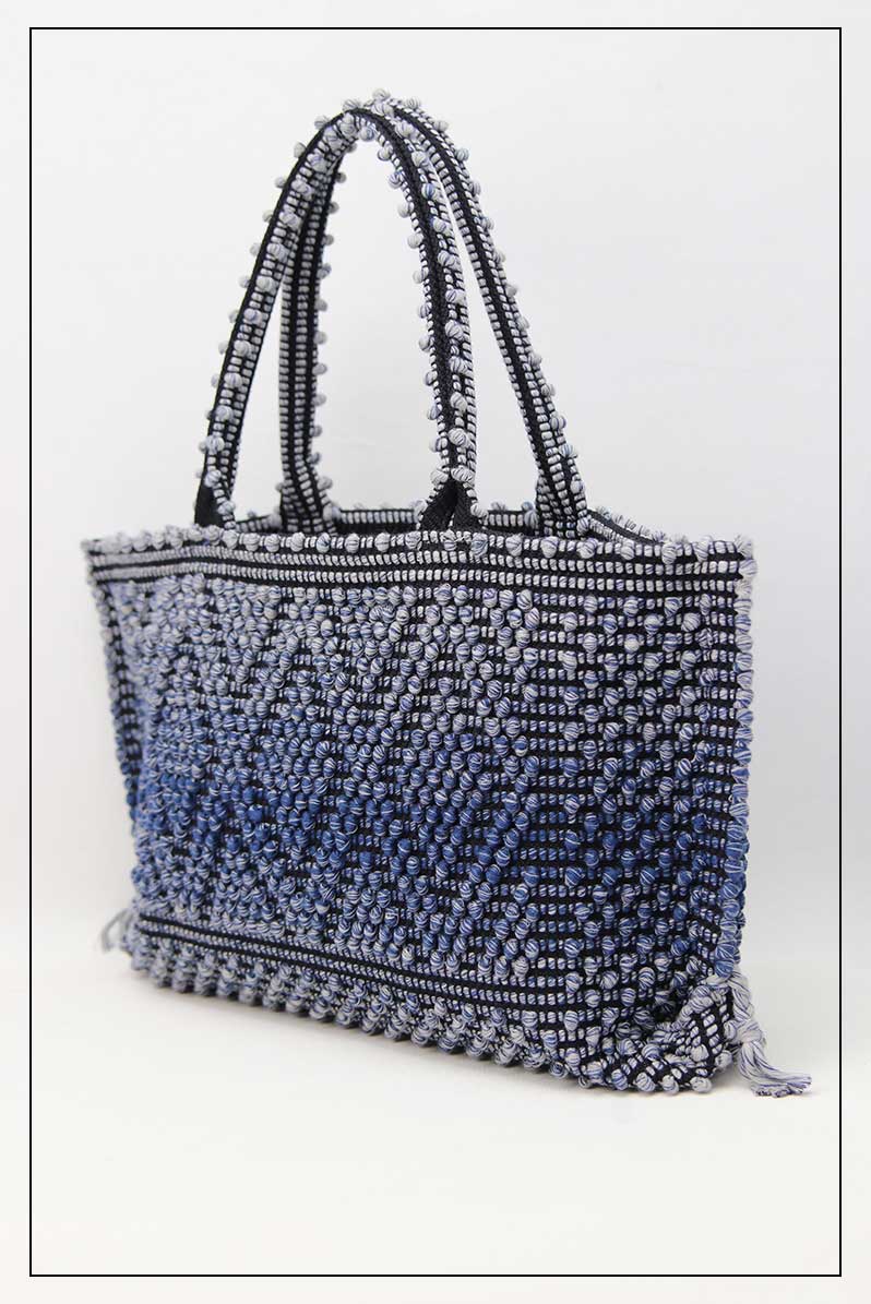 Side view for MELANGE BLUE with BLACK GROUND RECTANGULAR TOTE bag to complete your look with our selection of accessories crafted with the environment in mind