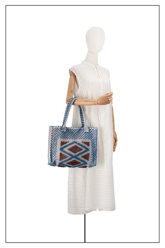 Medium TOTE CHOC AND DENIM ON MODEL - summer bag - luxury handbag - handwoven tote made in Italy by hand • timeless individualistic fashion • eco-friendly fashion • socially responsible, lasting fashion