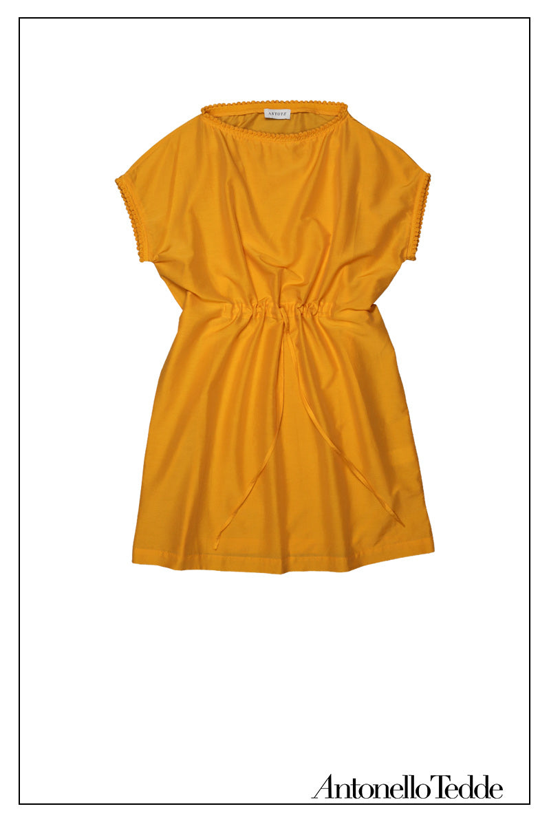 AT_LIZZU MUSTARD PPT Elegant Cover-Up Dress with Pom Round Collar and Pom Sleeve Detail