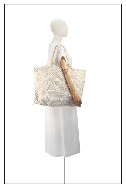 Large TOTE  CREAM LINEN ON MODEL - summer bag - luxury handbag - handwoven tote made in Italy by hand • timeless individualistic fashion • eco-friendly fashion • socially responsible, lasting fashion.