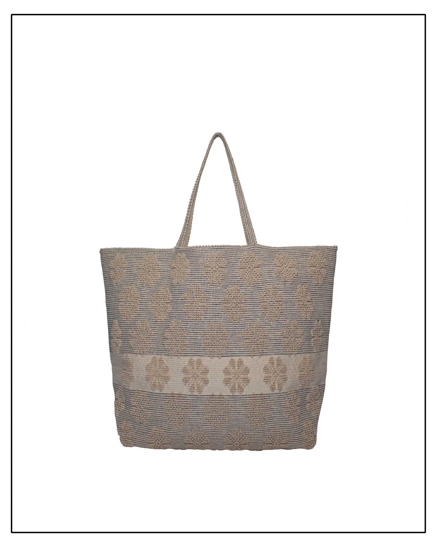 Antonello Tedde handwoven tote bag in beige and black cotton with daisy flower  jacquard pattern and cream central stripe, sustainable artisan-made bag crafted in Sardinia, Italy
