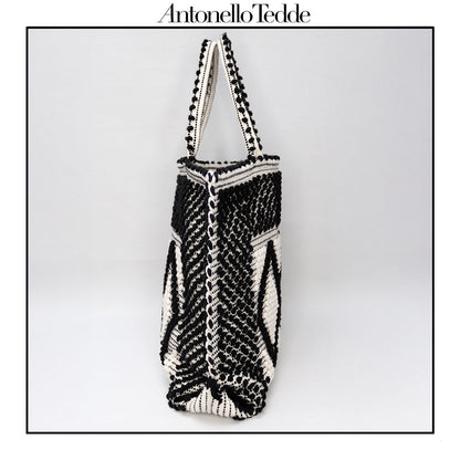 Side view front handbag - Sustainable tote - summer bag - luxury handbag - handwoven black and white tote made in Italy by hand • timeless individualistic fashion • eco-friendly fashion • socially responsible, lasting fashion