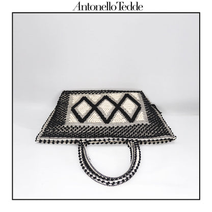 Front view front handbag - Sustainable tote - summer bag - luxury handbag - handwoven black and white tote made in Italy by hand • timeless individualistic fashion • eco-friendly fashion • socially responsible, lasting fashion