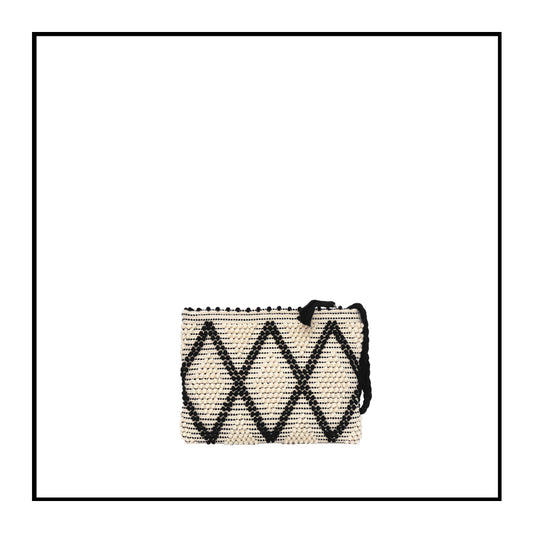 front view of piattina zip clutch bag in black and white Best eco luxury bags and accessories brand. Stylish clothes and Eco-Friendly with recycled yarns #luxury #ecoconcious #sustainablestyle #ethicalbrands #ecoliving #ecofashion #ecostyle #ethicalhandbags #handbags