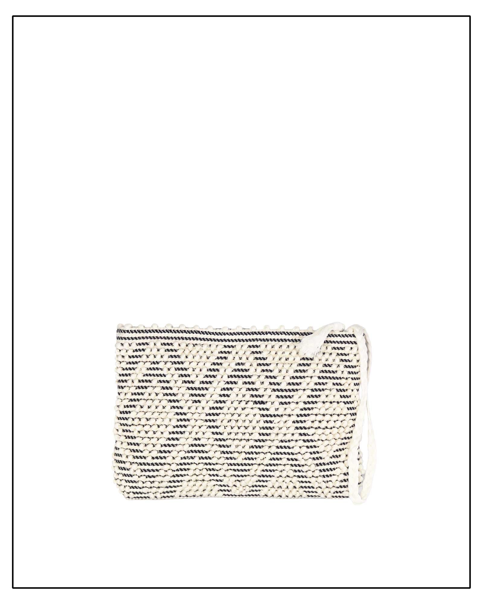 Antonello Tedde Hand-woven clutch bag with black and white pattern on a white background