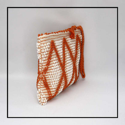 Piattina - Sustainable handwoven zip clutch bag - Cream Linen and Orange