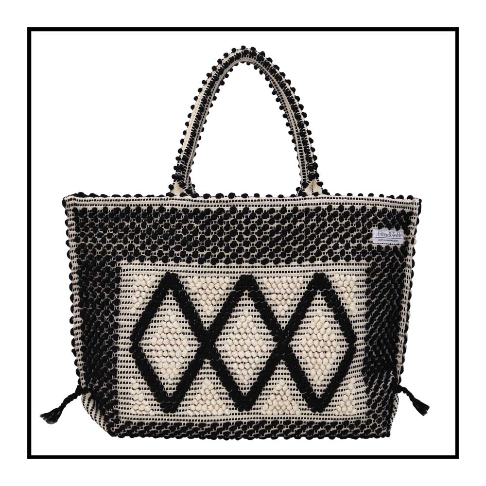 Main view front handbag - Sustainable tote - summer bag - luxury handbag - handwoven black and white tote made in Italy by hand • timeless individualistic fashion • eco-friendly fashion • socially responsible, lasting fashion.