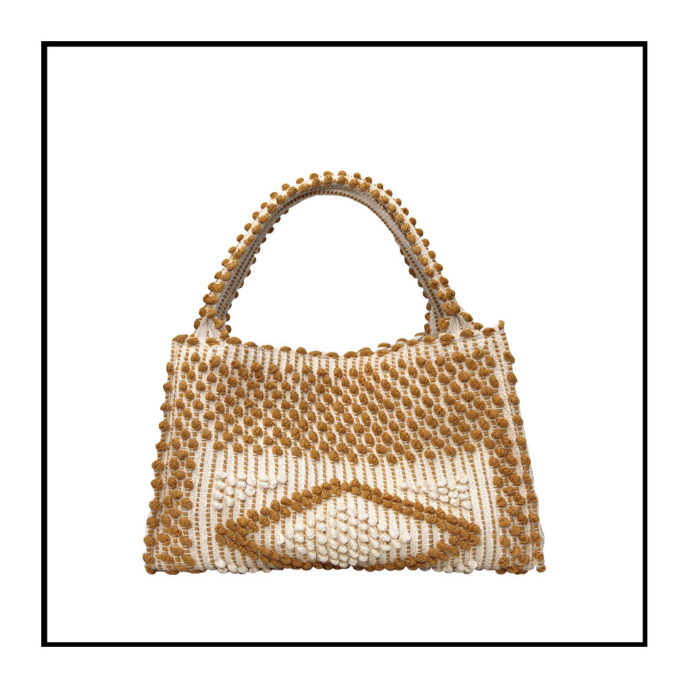 MONTE SANTU - HOBO BAG - front view  MUSTARD and CREAM linen handbag -  Best eco luxury bags and accessories brand. Stylish clothes and Eco-Friendly with recycled yarns #luxury #ecoconcious #sustainablestyle  #ethicalbrands #ecoliving  #ecofashion #ecostyle #ethicalhandbags #handbags