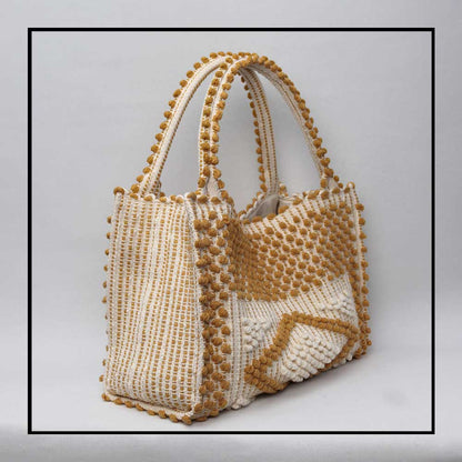 MONTE SANTU - HOBO BAG - side view MUSTARD and CREAM linen handbag -  Best eco luxury bags and accessories brand. Stylish clothes and Eco-Friendly with recycled yarns #luxury #ecoconcious #sustainablestyle  #ethicalbrands #ecoliving  #ecofashion #ecostyle #ethicalhandbags #handbags